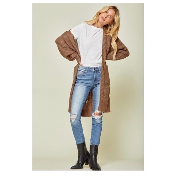 Griffen Cocoa Open From Loose Cable Knit Cardigan Sweater - Picture 2 of 5